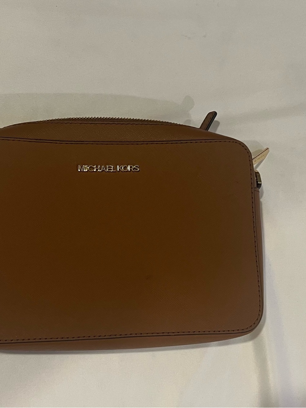 Michael Kors Tan Leather Compact Crossbody Pouch with Gold Logo